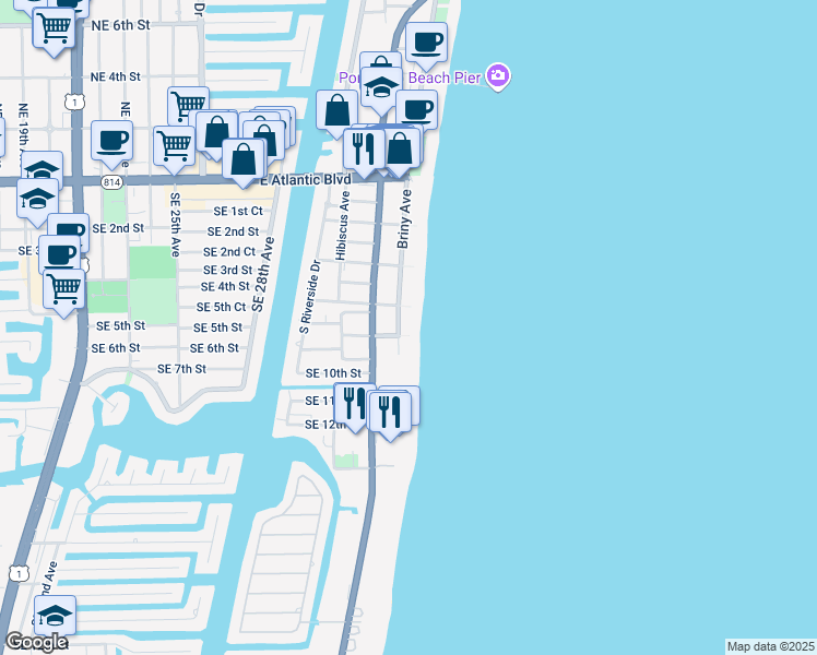 map of restaurants, bars, coffee shops, grocery stores, and more near 812 Briny Avenue in Pompano Beach