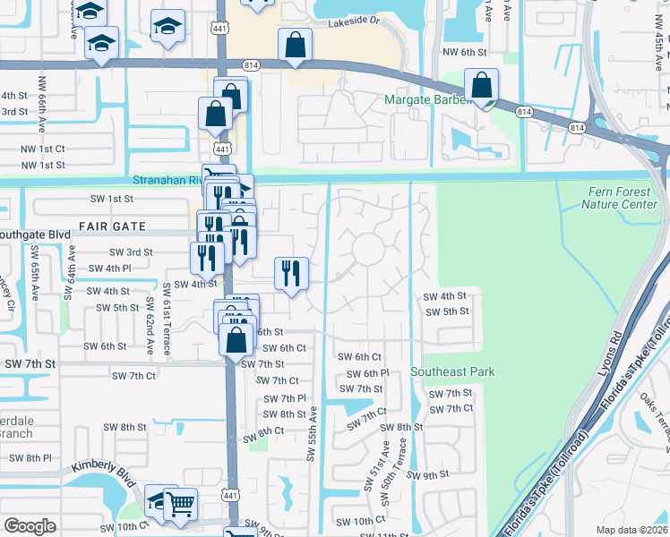 map of restaurants, bars, coffee shops, grocery stores, and more near 422 Aztec Boulevard in Margate
