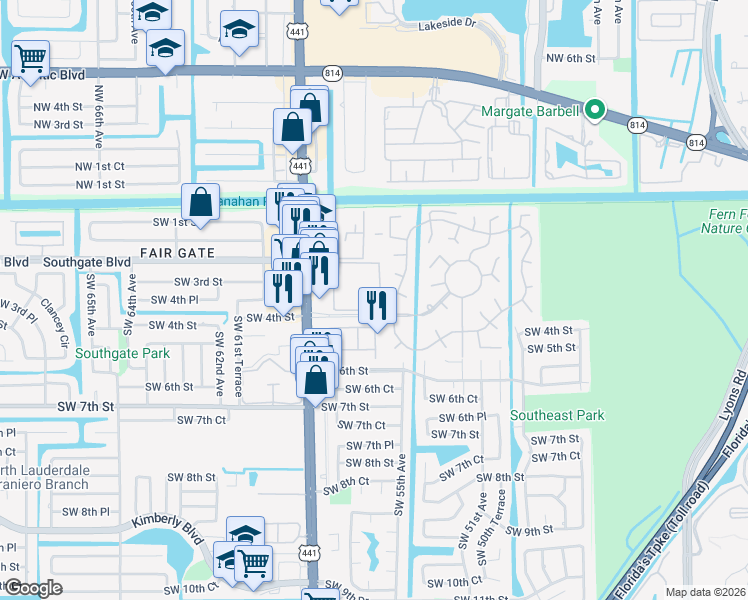 map of restaurants, bars, coffee shops, grocery stores, and more near 5521 Monte Carlo Place in Margate
