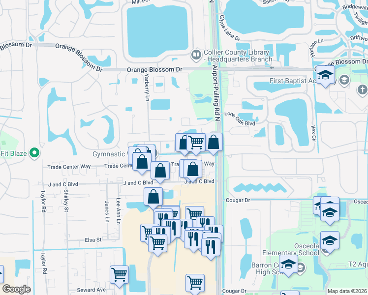map of restaurants, bars, coffee shops, grocery stores, and more near 2385 Trade Center Way in Naples