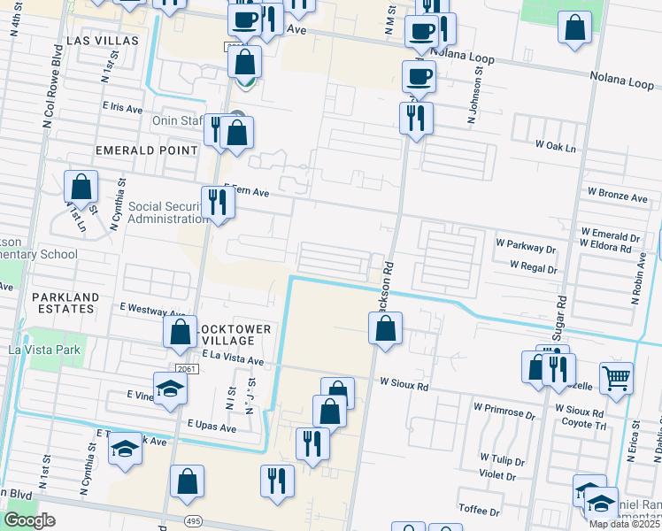 map of restaurants, bars, coffee shops, grocery stores, and more near 1300 East Camellia Avenue in McAllen