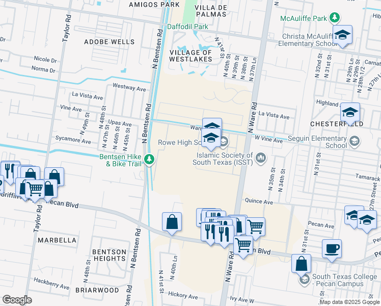 map of restaurants, bars, coffee shops, grocery stores, and more near 2101 North Ware Road in McAllen