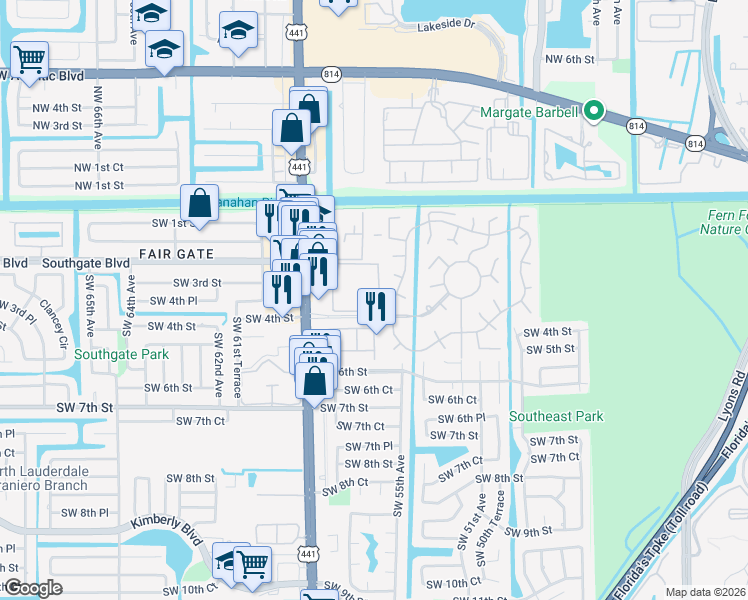 map of restaurants, bars, coffee shops, grocery stores, and more near 5521 Monte Carlo Place in Margate