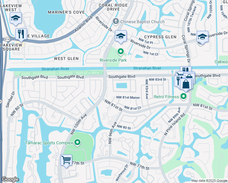 map of restaurants, bars, coffee shops, grocery stores, and more near 9603 Northwest 81st Manor in Tamarac