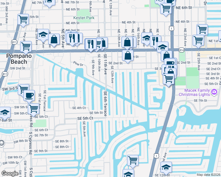 map of restaurants, bars, coffee shops, grocery stores, and more near 381 Southeast 7th Avenue in Pompano Beach
