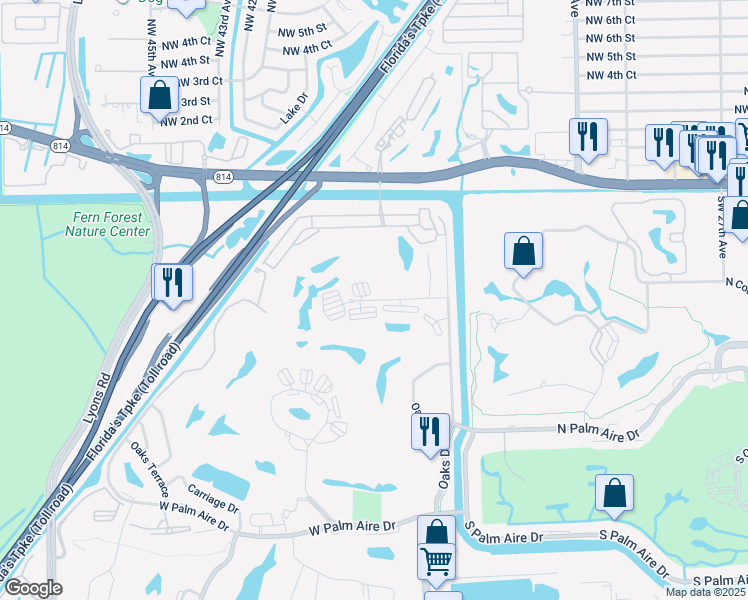 map of restaurants, bars, coffee shops, grocery stores, and more near 3520 Oaks Way in Pompano Beach