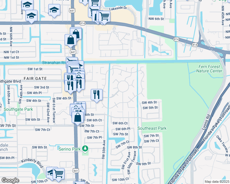 map of restaurants, bars, coffee shops, grocery stores, and more near 422 Aztec Boulevard in Margate
