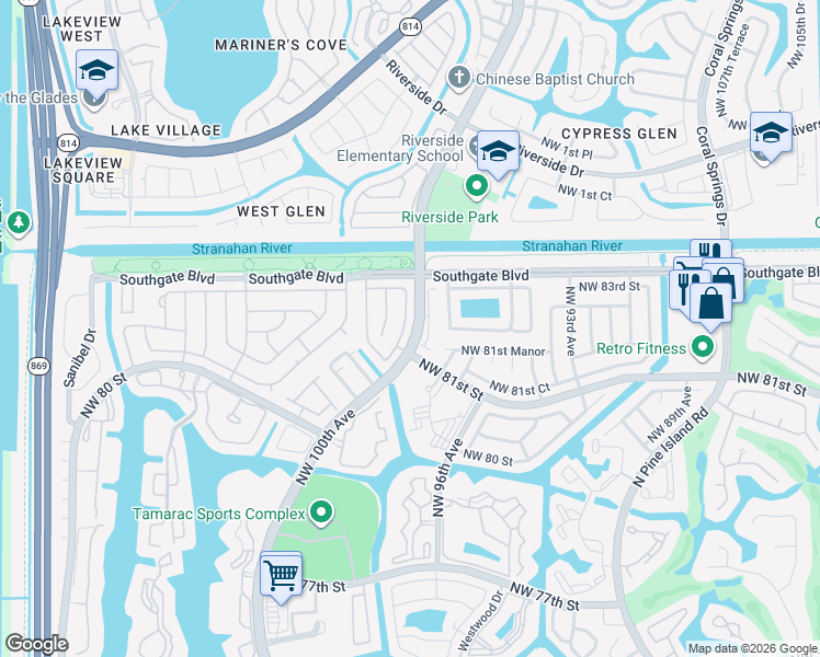 map of restaurants, bars, coffee shops, grocery stores, and more near 8110 Prestige Commons Drive in Tamarac
