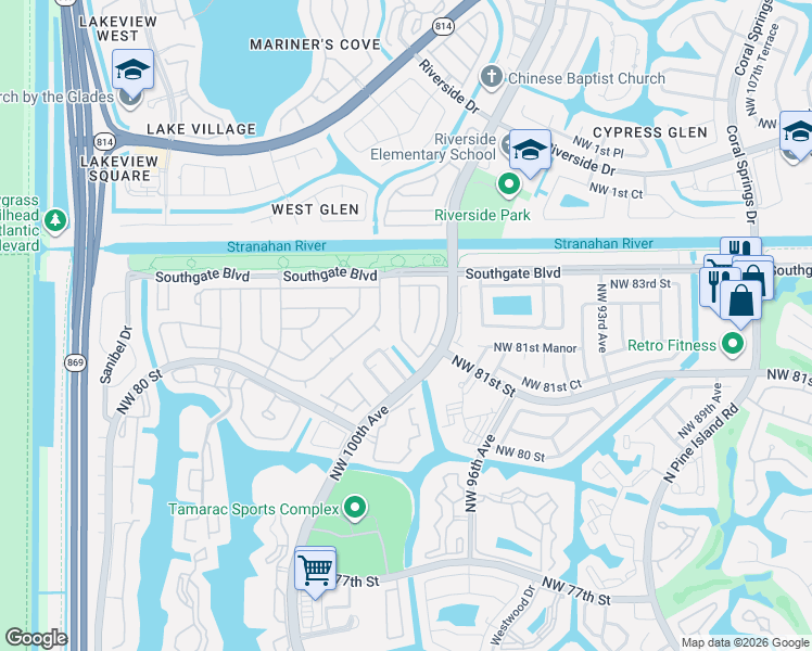 map of restaurants, bars, coffee shops, grocery stores, and more near 8015 Northwest 100th Way in Tamarac