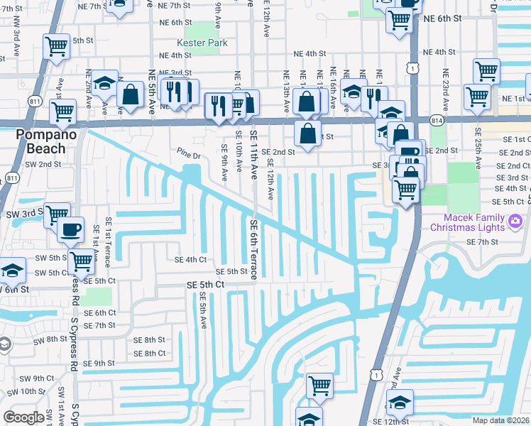 map of restaurants, bars, coffee shops, grocery stores, and more near 381 Southeast 7th Avenue in Pompano Beach