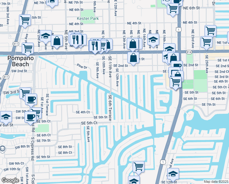 map of restaurants, bars, coffee shops, grocery stores, and more near 381 Southeast 7th Avenue in Pompano Beach