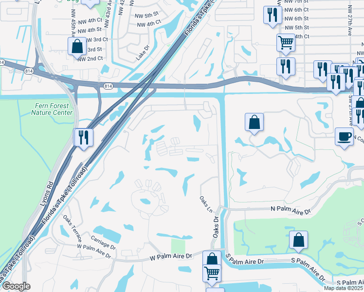 map of restaurants, bars, coffee shops, grocery stores, and more near 3520 Oaks Way in Pompano Beach