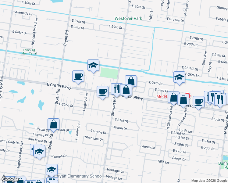 map of restaurants, bars, coffee shops, grocery stores, and more near 1600 East Griffin Parkway in Mission