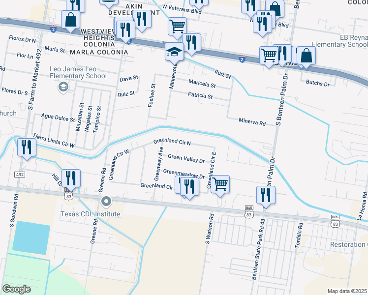 map of restaurants, bars, coffee shops, grocery stores, and more near 705 Greenland Circle North in Mission