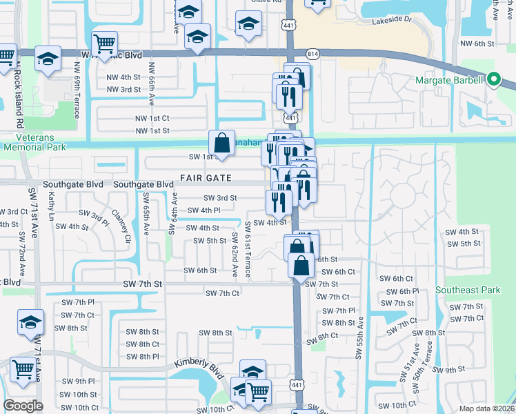 map of restaurants, bars, coffee shops, grocery stores, and more near 6103 Southwest 3rd Street in Margate