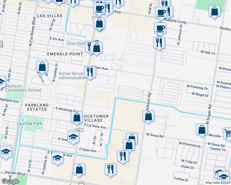 map of restaurants, bars, coffee shops, grocery stores, and more near 1201 East Daffodil Avenue in McAllen