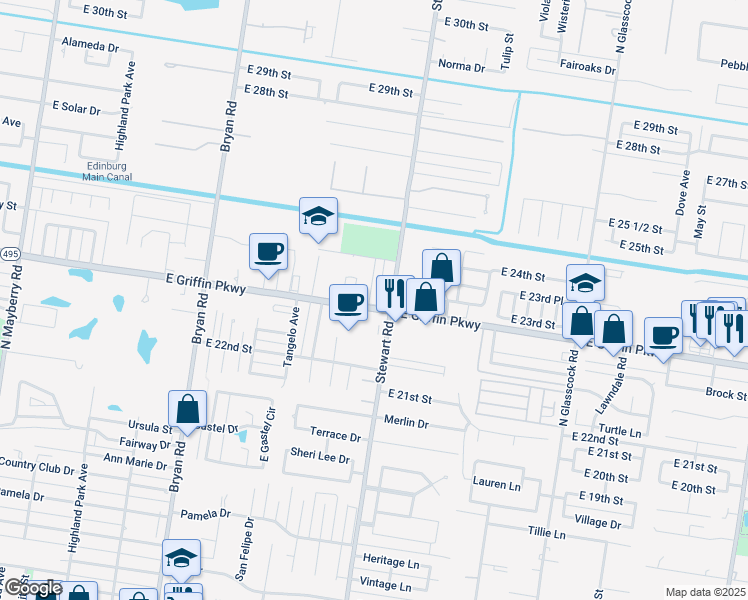 map of restaurants, bars, coffee shops, grocery stores, and more near 2310 Dora Jeanne in Mission