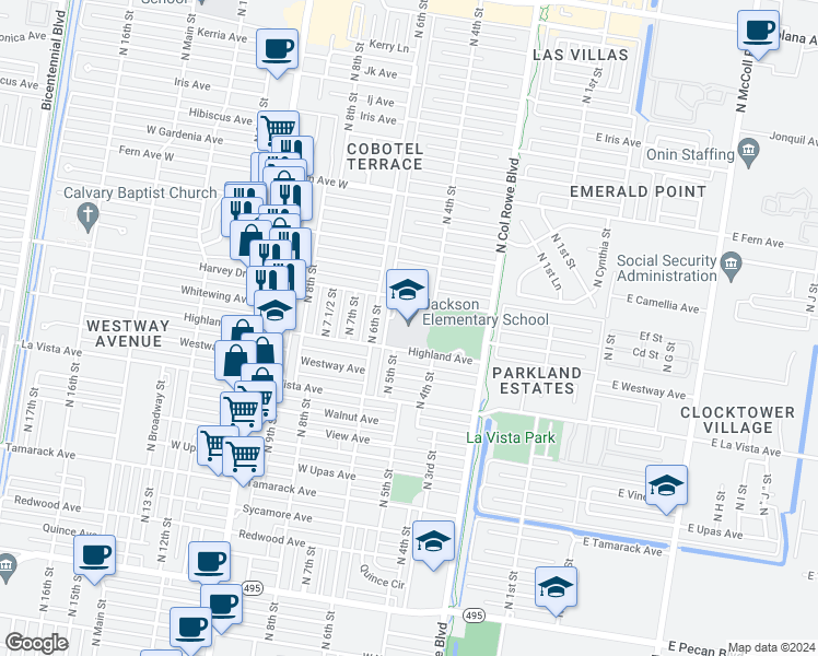 map of restaurants, bars, coffee shops, grocery stores, and more near 501 Harvey Avenue in McAllen