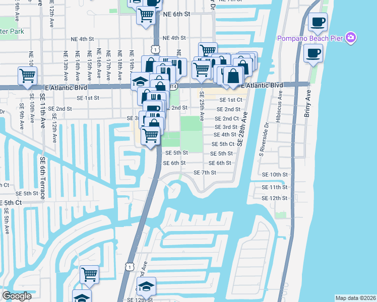 map of restaurants, bars, coffee shops, grocery stores, and more near 400 Southeast 23rd Avenue in Pompano Beach