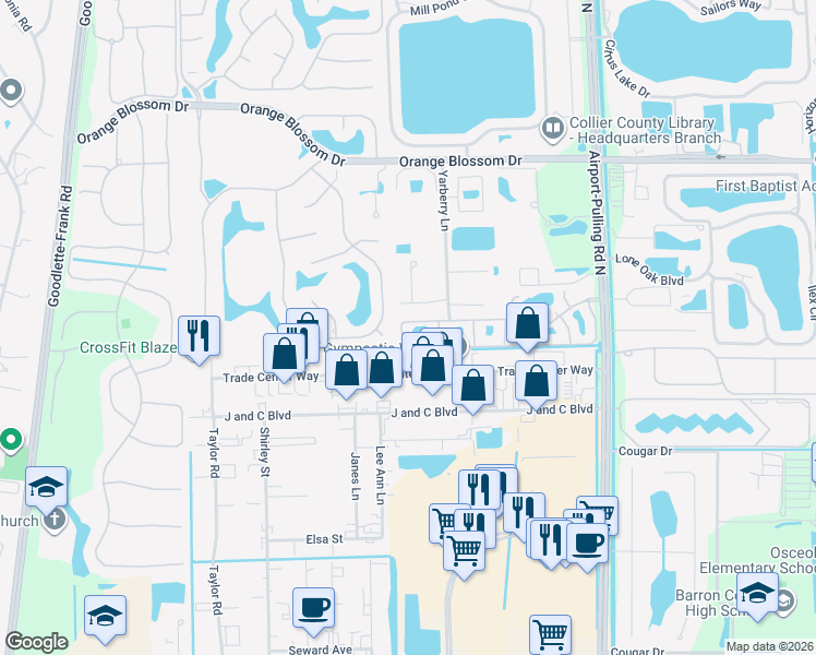 map of restaurants, bars, coffee shops, grocery stores, and more near 6635 Yarberry Lane in Naples
