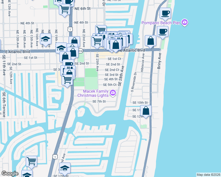 map of restaurants, bars, coffee shops, grocery stores, and more near 2701 Southeast 5th Court in Pompano Beach