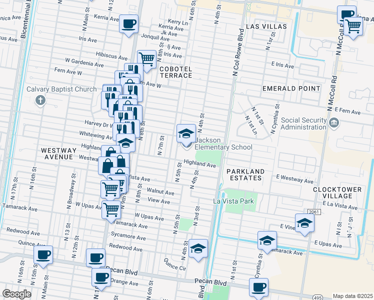 map of restaurants, bars, coffee shops, grocery stores, and more near 501 Harvey Avenue in McAllen