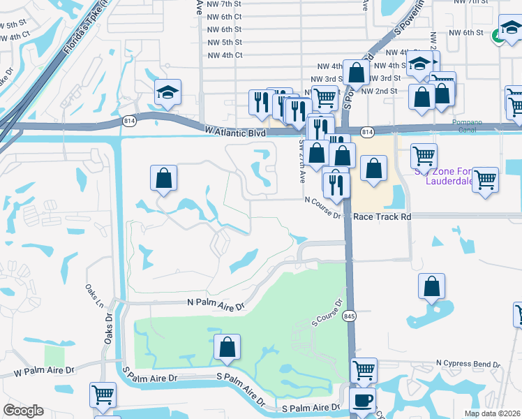map of restaurants, bars, coffee shops, grocery stores, and more near 2837 North Course Drive in Pompano Beach