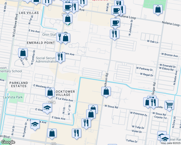 map of restaurants, bars, coffee shops, grocery stores, and more near 1225 East Daffodil Avenue in McAllen