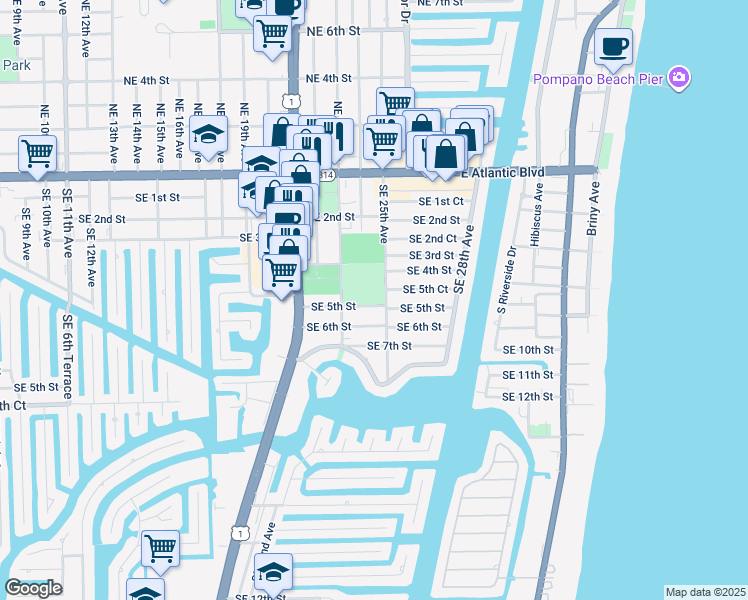 map of restaurants, bars, coffee shops, grocery stores, and more near 400 Southeast 23rd Avenue in Pompano Beach