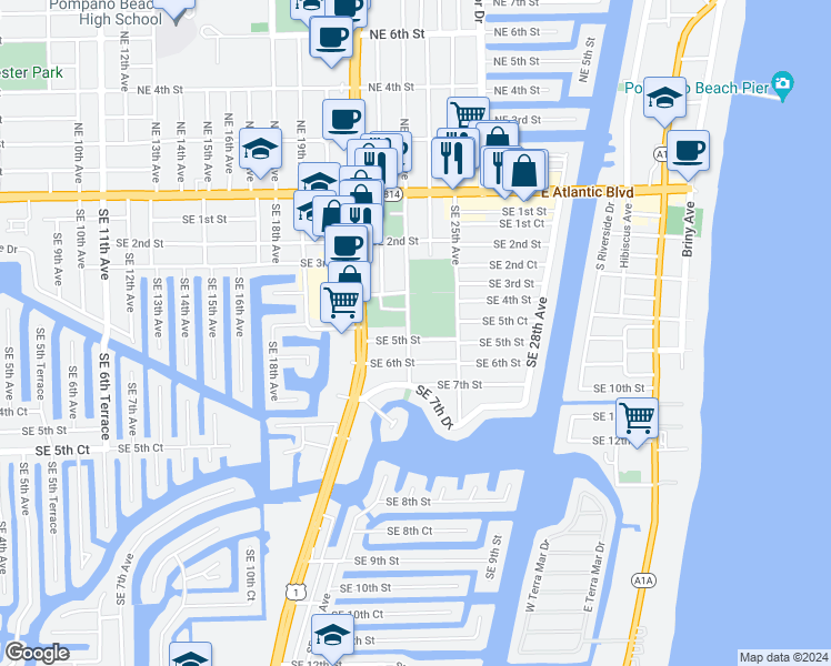 map of restaurants, bars, coffee shops, grocery stores, and more near 400 Southeast 23rd Avenue in Pompano Beach