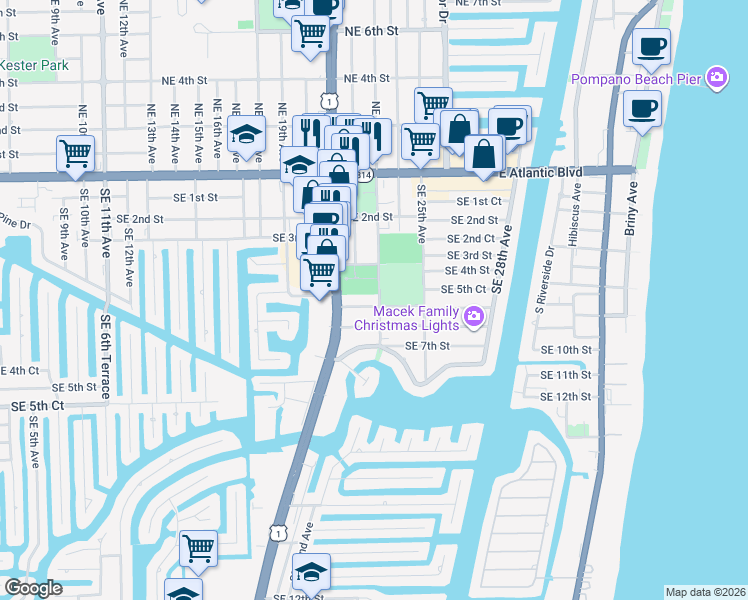 map of restaurants, bars, coffee shops, grocery stores, and more near 400 Southeast 23rd Avenue in Pompano Beach