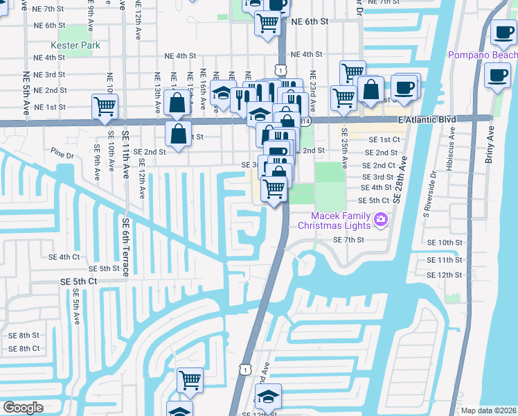 map of restaurants, bars, coffee shops, grocery stores, and more near 461 Southeast 19th Avenue in Pompano Beach