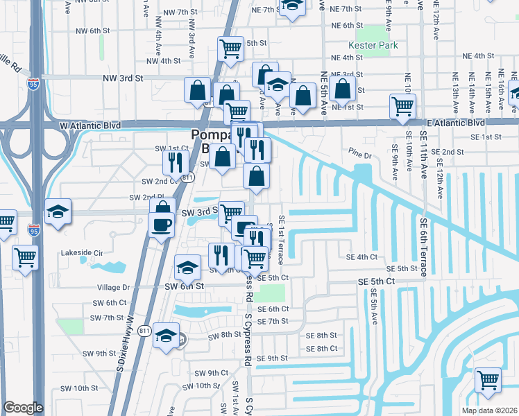 map of restaurants, bars, coffee shops, grocery stores, and more near 289 Southeast 1st Avenue in Pompano Beach