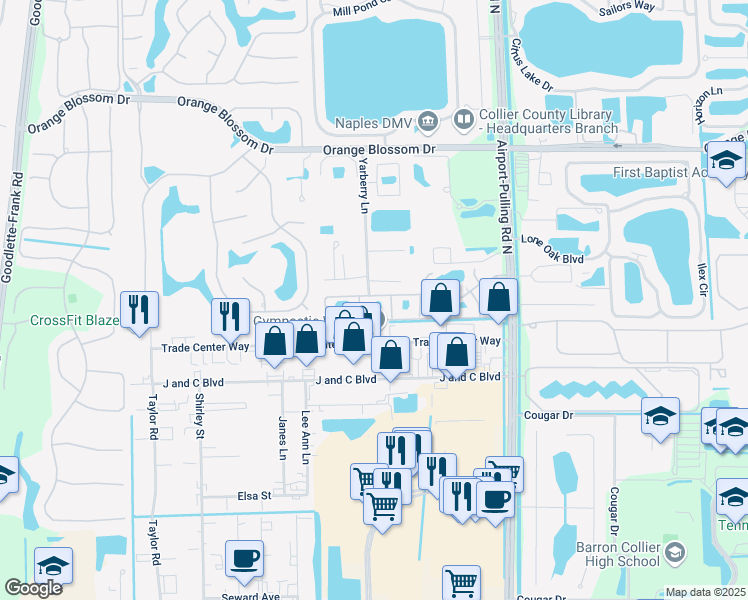map of restaurants, bars, coffee shops, grocery stores, and more near 6614 Yarberry Lane in Naples