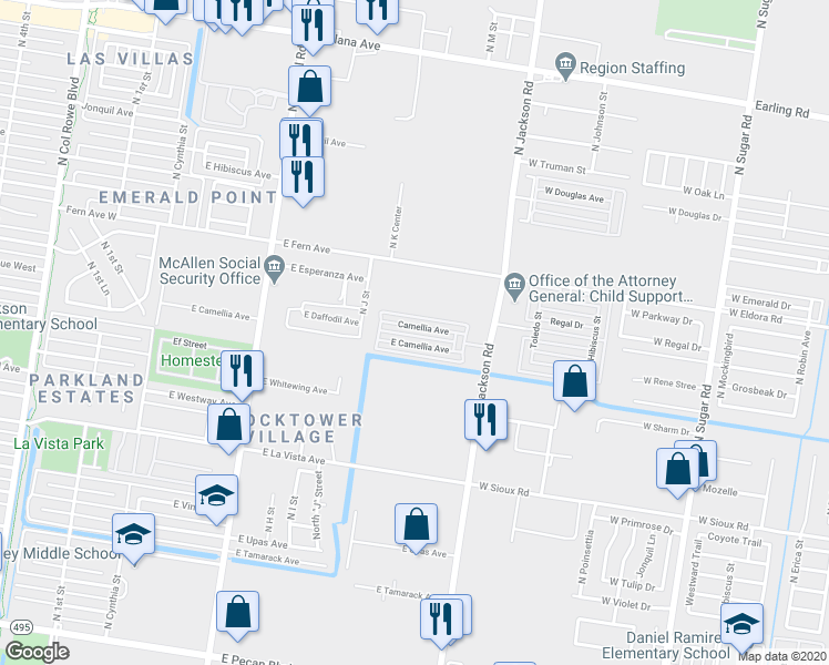 map of restaurants, bars, coffee shops, grocery stores, and more near 1225 East Daffodil Avenue in McAllen