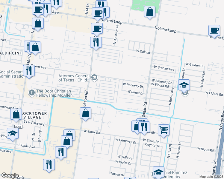 map of restaurants, bars, coffee shops, grocery stores, and more near 1200 North Regal Drive in Pharr
