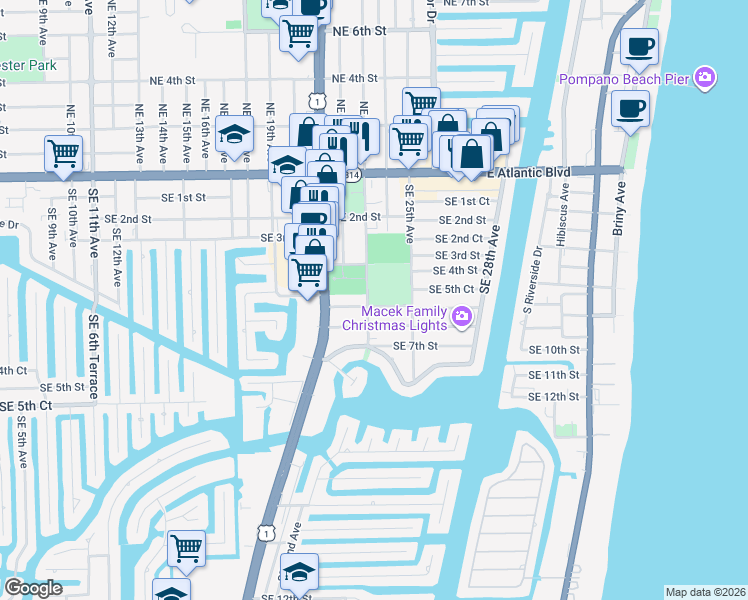 map of restaurants, bars, coffee shops, grocery stores, and more near 400 Southeast 23rd Avenue in Pompano Beach