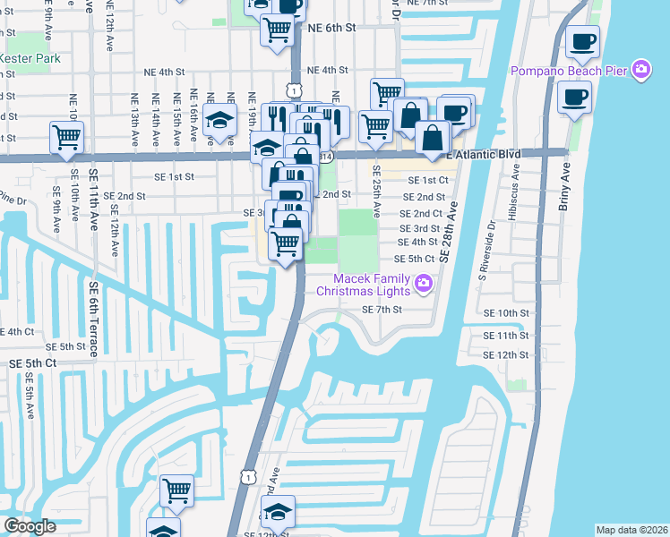map of restaurants, bars, coffee shops, grocery stores, and more near 400 Southeast 23rd Avenue in Pompano Beach