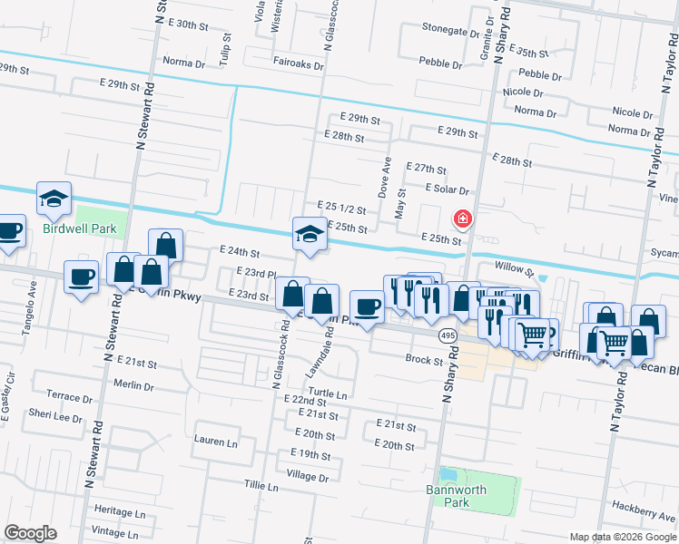 map of restaurants, bars, coffee shops, grocery stores, and more near 2300 North Glasscock Road in Mission