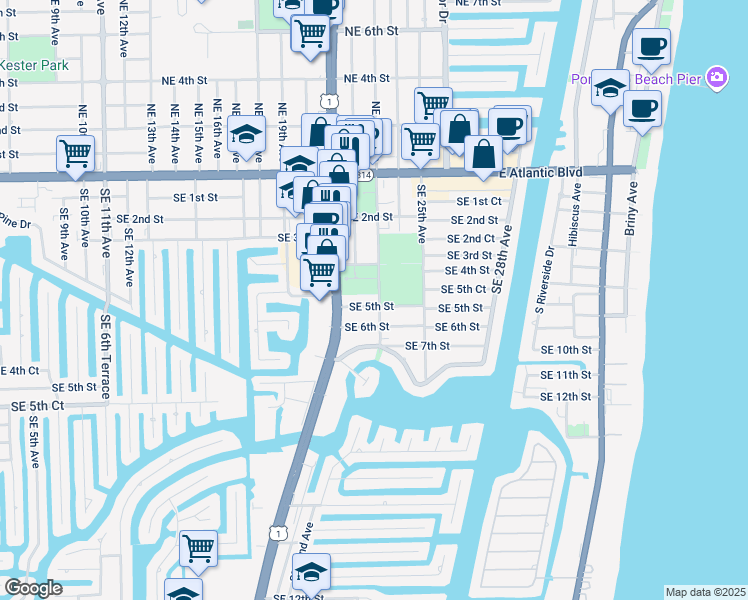 map of restaurants, bars, coffee shops, grocery stores, and more near 491 Southeast 23rd Avenue in Pompano Beach