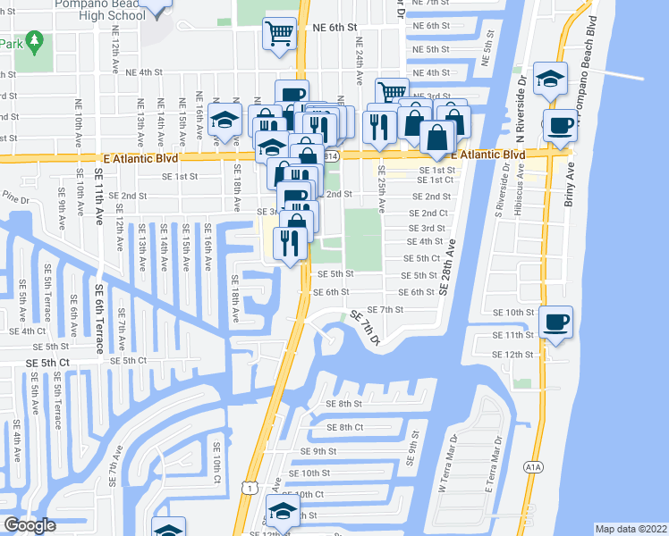 map of restaurants, bars, coffee shops, grocery stores, and more near 400 Southeast 23rd Avenue in Pompano Beach