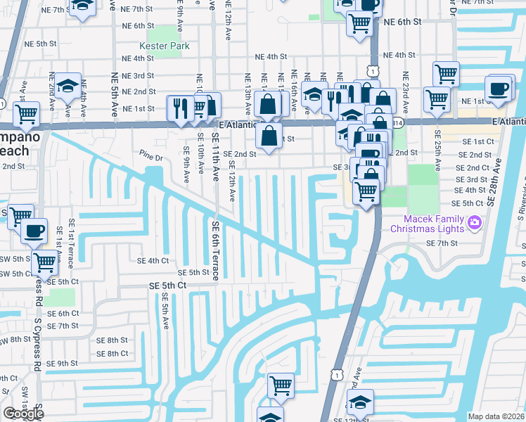map of restaurants, bars, coffee shops, grocery stores, and more near 401 Southeast 14th Avenue in Pompano Beach