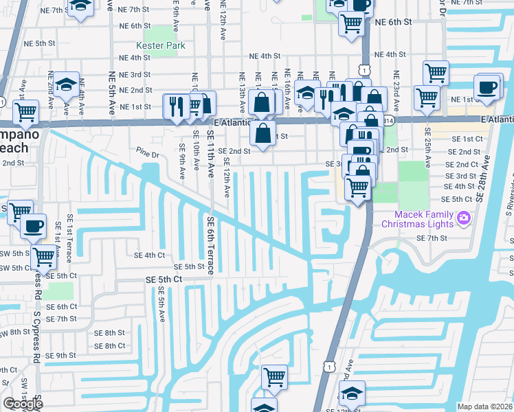 map of restaurants, bars, coffee shops, grocery stores, and more near 401 Southeast 14th Avenue in Pompano Beach