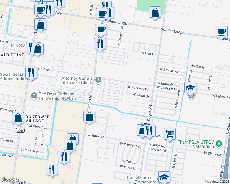 map of restaurants, bars, coffee shops, grocery stores, and more near 1200 North Regal Drive in Pharr
