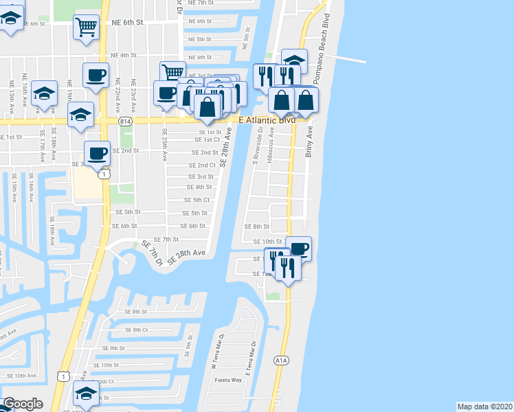 map of restaurants, bars, coffee shops, grocery stores, and more near 550 Hibiscus Avenue in Pompano Beach