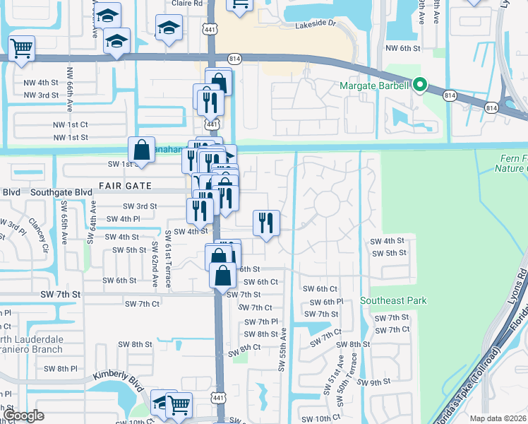 map of restaurants, bars, coffee shops, grocery stores, and more near 5641 Southwest 2nd Court in Margate