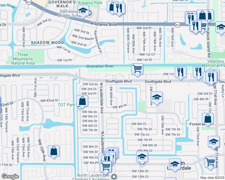map of restaurants, bars, coffee shops, grocery stores, and more near 302 Southwest 79th Terrace in North Lauderdale