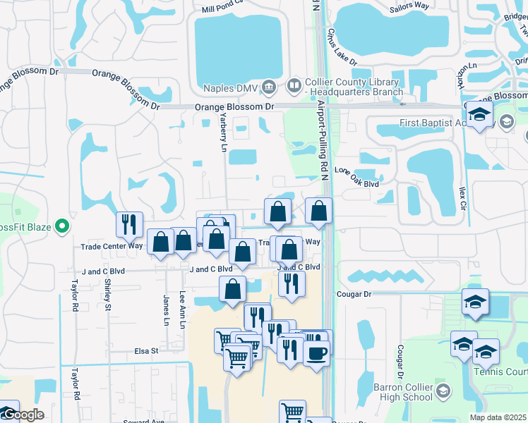 map of restaurants, bars, coffee shops, grocery stores, and more near 6626 Yarberry Lane in Naples