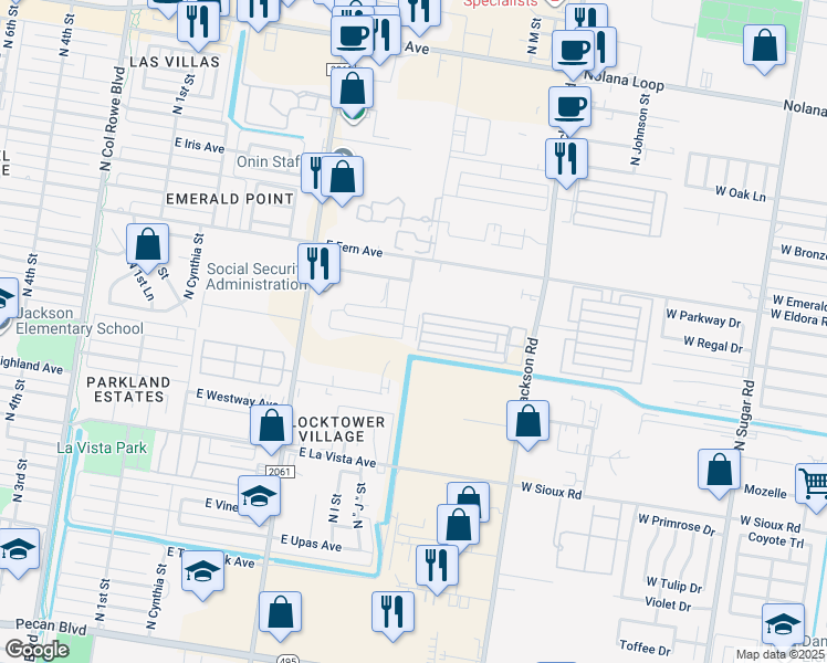 map of restaurants, bars, coffee shops, grocery stores, and more near 1201 East Daffodil Avenue in McAllen