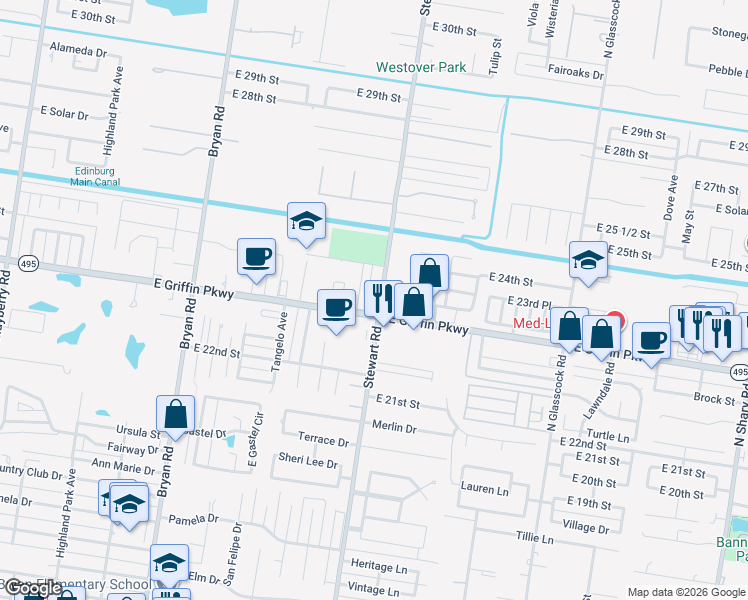 map of restaurants, bars, coffee shops, grocery stores, and more near 2310 Dora Jeanne in Mission